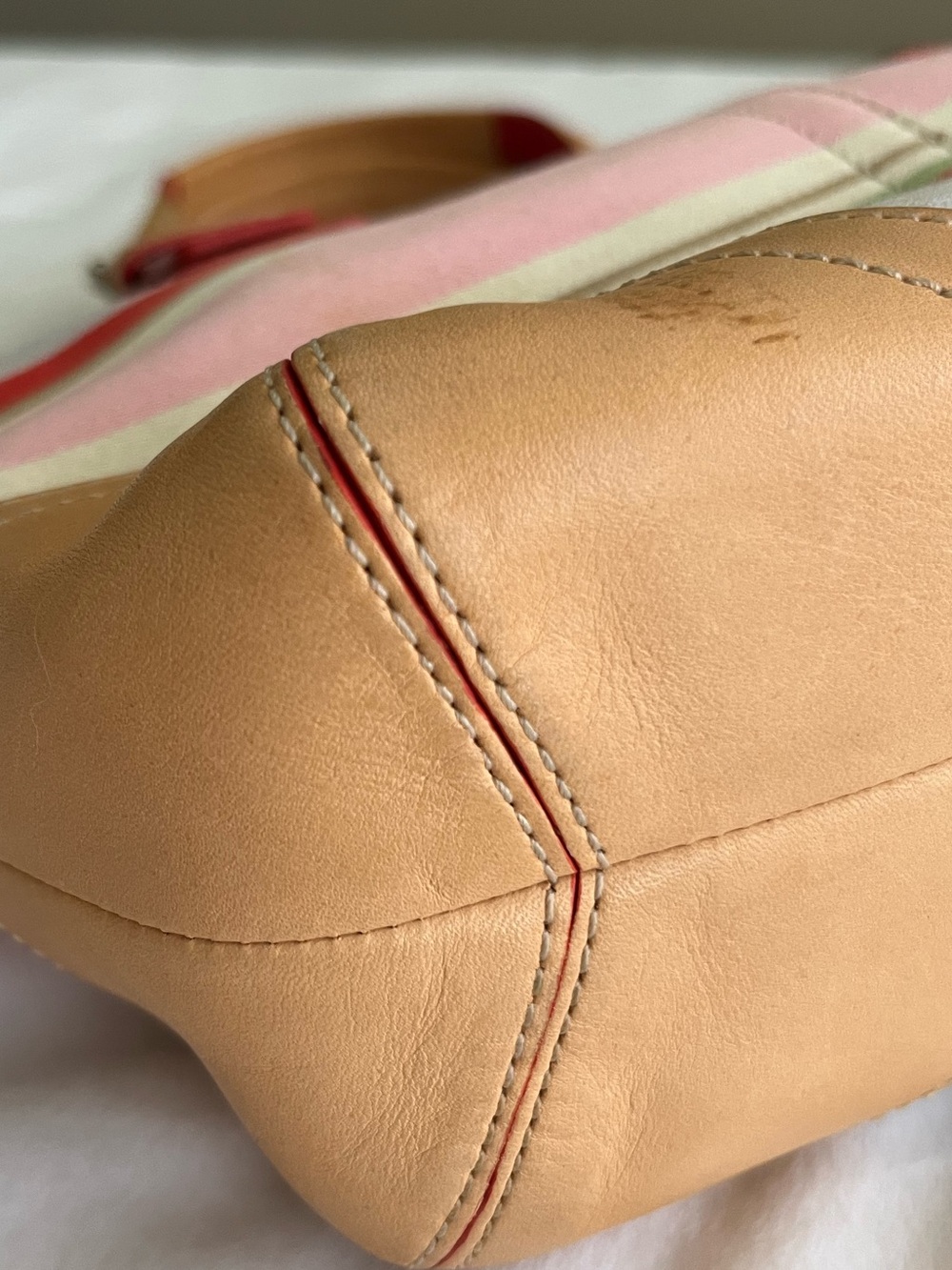 Coach Striped Canvas Tote in Pink, Red, Yellow & Tan with Daisy Charm - Picture 4 of 6